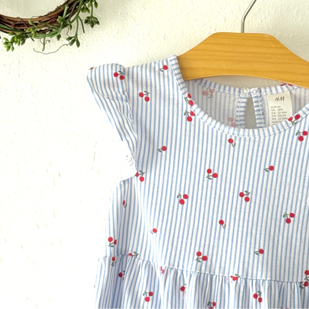 H&M Baby Girl Dress 18M Blue White Pinstripe Cherry Print Cotton